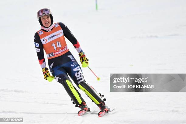 S Paula Moltzan reacts after not finishing the women's Slalom event of FIS Ski Alpine World Cup in Saalbach, Austria on March 16, 2024.