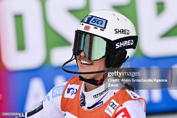 Mina Fuerst Holtmann of Team Norway celebrates during the Audi FIS Alpine Ski World Cup Finals Women's Slalom on March 16, 2024 in Saalbach Austria.