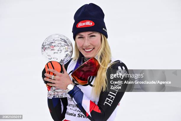 Mikaela Shiffrin of Team United States wins the globe in the overall standings during the Audi FIS Alpine Ski World Cup Finals Women's Slalom on...