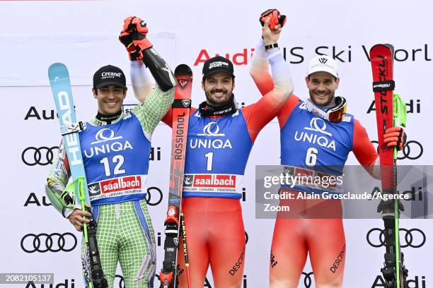 Joan Verdu of Team Andorra takes 2nd place, Loic Meillard of Team Switzerland takes 1st place, Thomas Tumler of Team Switzerland takes 3rd place...