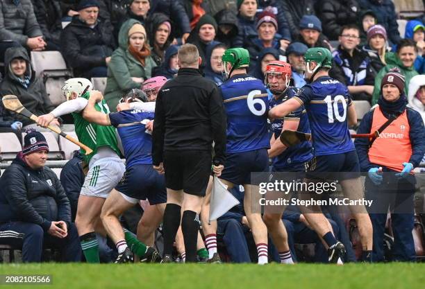 Galway , Ireland - 16 March 2024; Limerick and Galway players tussle off the ball, resulting in a red card for Shane O'Brien of Limerick, during the...