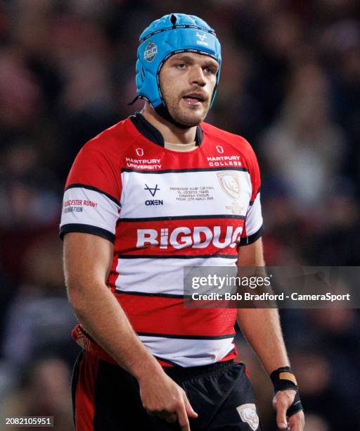 Gloucester's Zach Mercer during the Premiership Rugby Cup Final match between Gloucester Rugby and Leicester Tigers at Kingsholm Stadium on March 15,...