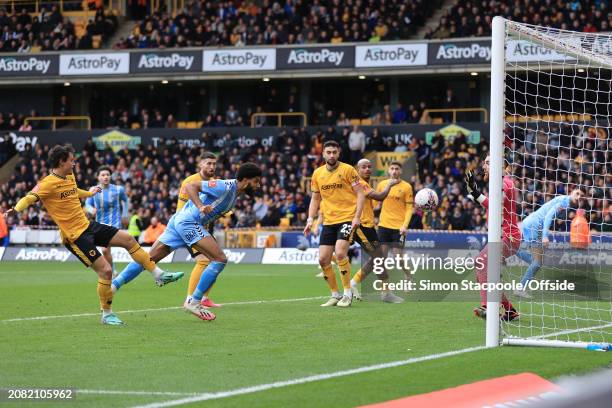 Ellis Simms of Coventry City scores their 2nd goal during the Emirates FA Cup Quarter-final match between Wolverhampton Wanderers and Coventry City...