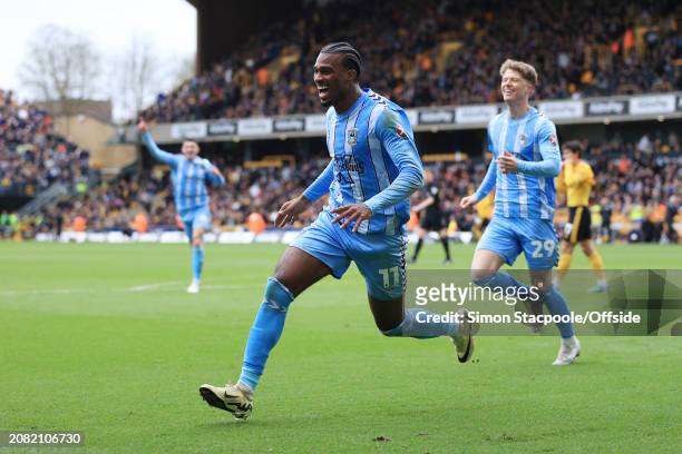 Haji Wright of Coventry City celebrates after scoring their 3rd goal during the Emirates FA Cup Quarter-final match between Wolverhampton Wanderers...