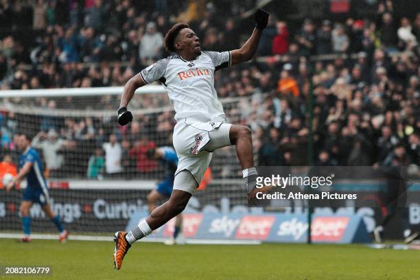 Jamal Lowe of Swansea City celebrates his goal during the Sky Bet Championship match between Swansea City and Cardiff City at the Swansea.com Stadium...
