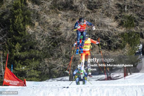 David Mobaerg of Team Sweden takes 1st place, Florian Wilmsmann of Team Germany takes 3rd place during the FIS Freestyle Ski Cross World Cup Men's...