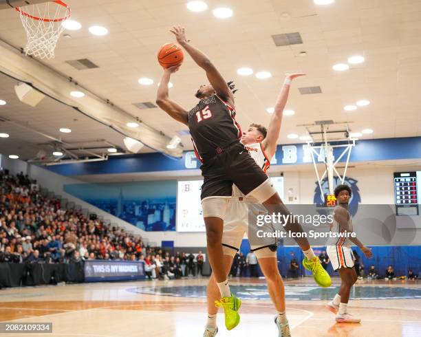 Brown Bears Forward Kalu Anya shoots a layup during the first half of the Men's College Basketball Ivy League Championship Semi-Final game between...