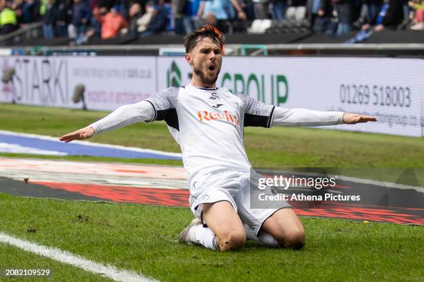 Liam Cullen of Swansea City celebrates during the Sky Bet Championship match between Swansea City and Cardiff City at the Swansea.com Stadium on...