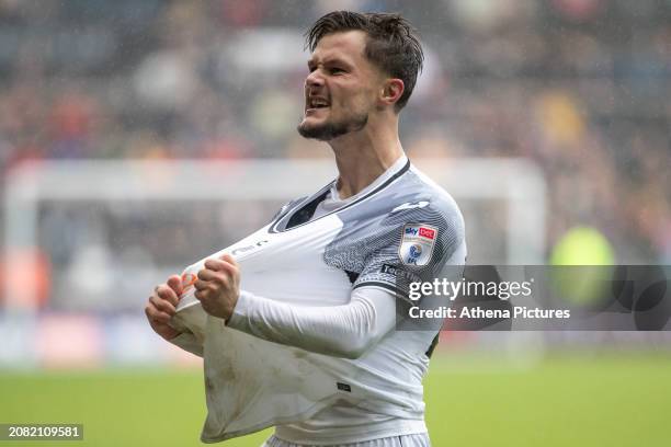 Liam Cullen of Swansea City celebrates at full time during the Sky Bet Championship match between Swansea City and Cardiff City at the Swansea.com...