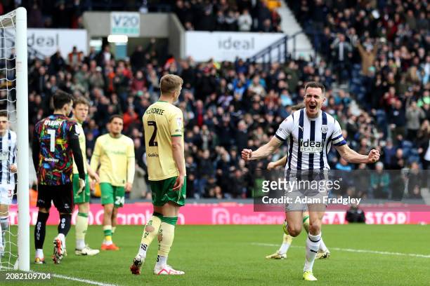 Jed Wallace of West Bromwich Albion celebrates after scoring a goal to make it 2-0 during the Sky Bet Championship match between West Bromwich Albion...