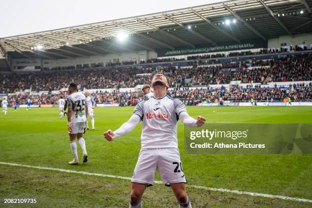 Liam Cullen of Swansea City celebrates during the Sky Bet Championship match between Swansea City and Cardiff City at the Swansea.com Stadium on...