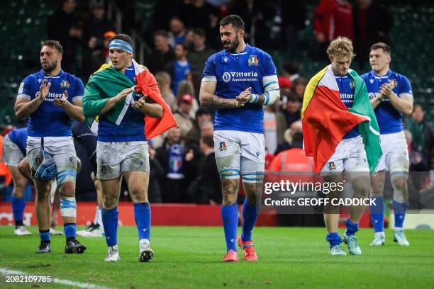 Italy's lock Riccardo Favretto celebrates after winning at the end of the Six Nations international rugby union match between Wales and Italy at the...