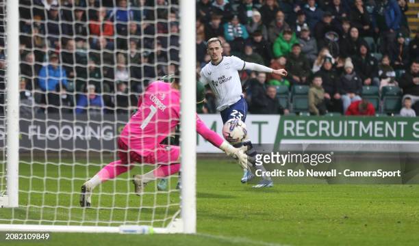 Preston North End's Liam Millar scores his side's first goal during the Sky Bet Championship match between Plymouth Argyle and Preston North End at...