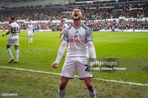 Liam Cullen of Swansea City celebrates during the Sky Bet Championship match between Swansea City and Cardiff City at the Swansea.com Stadium on...