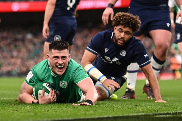 Dublin , Ireland - 16 March 2024; Dan Sheehan of Ireland celebrates after scoring his side's first try during the Guinness Six Nations Rugby...
