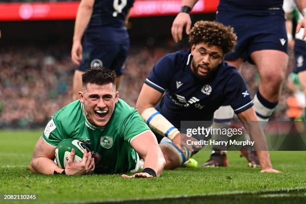 Dublin , Ireland - 16 March 2024; Dan Sheehan of Ireland celebrates after scoring his side's first try during the Guinness Six Nations Rugby...