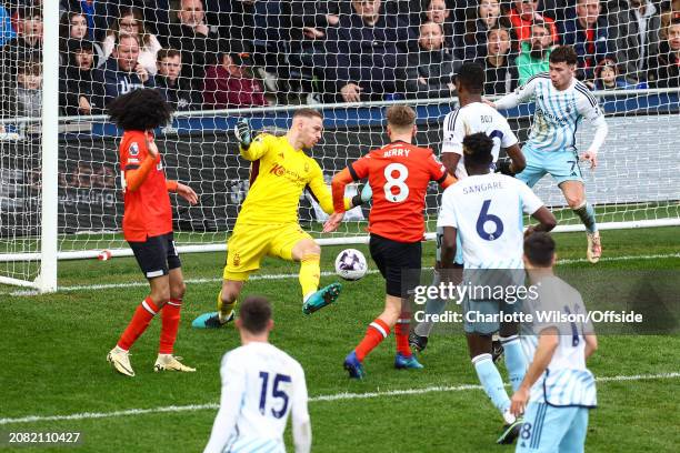 Luke Berry of Luton Town scores the equalising goal to bring the final score to 1-1 during the Premier League match between Luton Town and Nottingham...