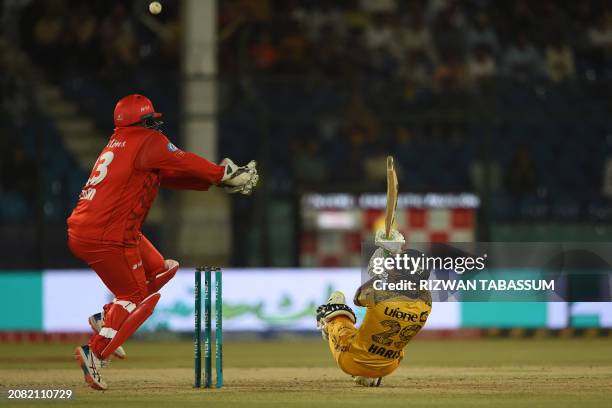 Peshawar Zalmi's Mohammad Haris plays a shot during the Pakistan Super League Twenty20 cricket elimination match between Islamabad United and...