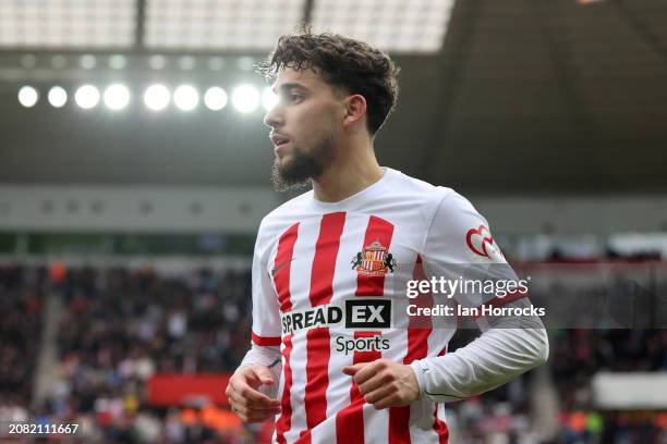 Adil Aouchiche of Sunderland during the Sky Bet Championship match between Sunderland and Queens Park Rangers at Stadium of Light on March 16, 2024...