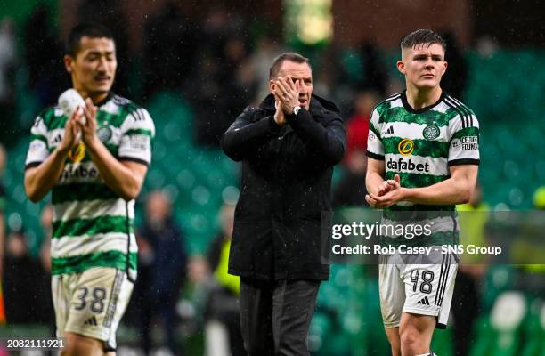Celtic manager Brendan Rodgers and Daniel Kelly at full time during a cinch Premiership match between Celtic and St Johnstone at Celtic Park, on...