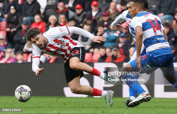 Adil Aouchiche of Sunderland tries to reach the ball during the Sky Bet Championship match between Sunderland and Queens Park Rangers at Stadium of...