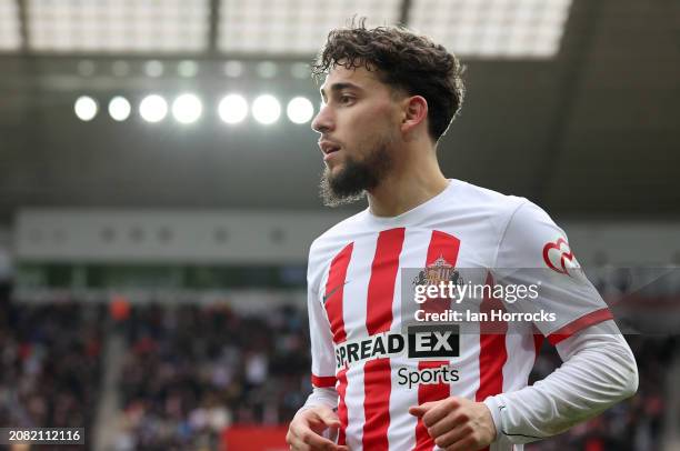 Adil Aouchiche of Sunderland during the Sky Bet Championship match between Sunderland and Queens Park Rangers at Stadium of Light on March 16, 2024...