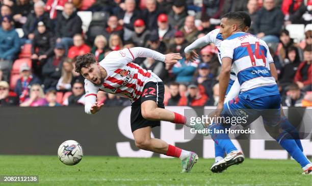 Adil Aouchiche of Sunderland tries to reach the ball during the Sky Bet Championship match between Sunderland and Queens Park Rangers at Stadium of...