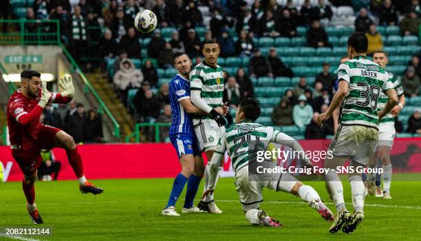 Celtic's Tomoki Iwata misses a chance during a cinch Premiership match between Celtic and St Johnstone at Celtic Park, on March 16 in Glasgow,...