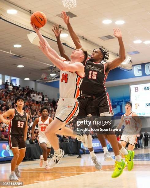 Princeton Tigers Guard Matt Allocco shoots a layup against Brown Bears Forward Kalu Anya during the second half of the Men's College Basketball Ivy...