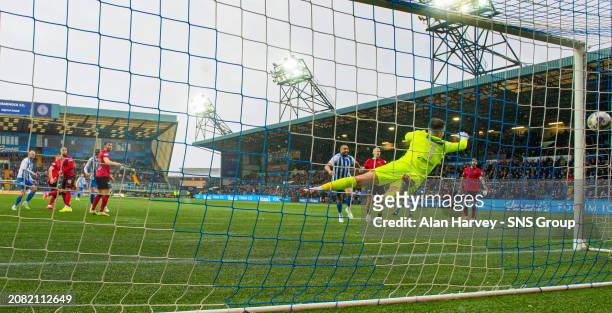 Kilmarnock's Marley Watkins scores to make it 3-2 during a cinch Premiership match between Kilmarnock and St Mirren at Rugby Park, on March 16 in...