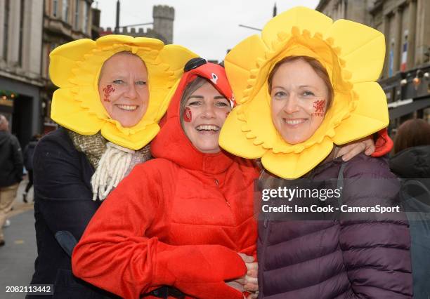 Welsh fans in good sprits on the streets of Cardiff during the Guinness Six Nations 2024 match between Wales and Italy at Principality Stadium on...