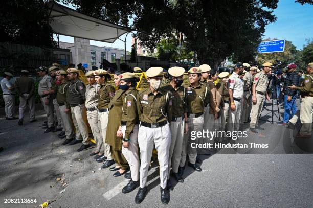 Delhi Police personnel seen deployed outside the Rouse Avenue Court ahead of the appearance of Delhi CM Arvind Kejriwal in Court at DDU Marg on March...