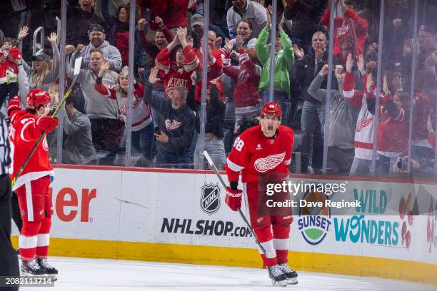 Patrick Kane of the Detroit Red Wings celebrates his goal against the Buffalo Sabres during the second period at Little Caesars Arena on March 16,...