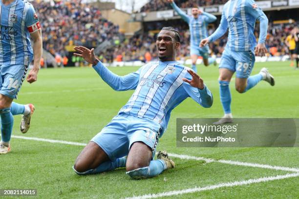 Haji Wright is celebrating after scoring his team's third goal during the FA Cup Quarter Final match between Wolverhampton Wanderers and Coventry...