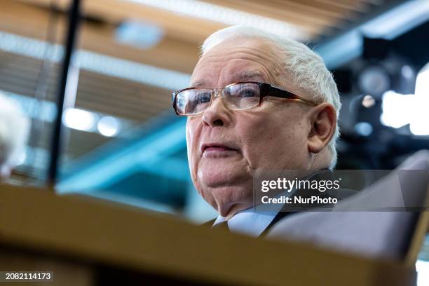 Jaroslaw Kaczynski, the leader of the Law and Justice party, is being questioned by a parliamentary commission of inquiry in Warsaw, Poland, on March...