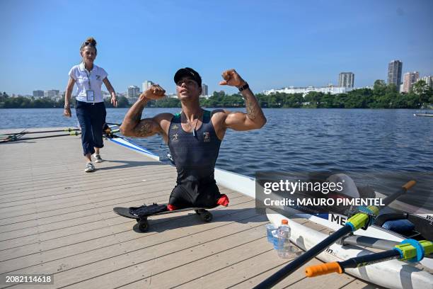 Mexico's Michel Muñoz celebrates his victory after competing in the Men's Single Sculls PR1 M1x final of the Americas Olympic and Paralympic...