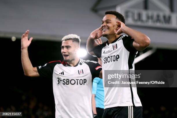 Rodrigo Muniz of Fulham celebrate his second goal of the match during the Premier League match between Fulham FC and Tottenham Hotspur at Craven...