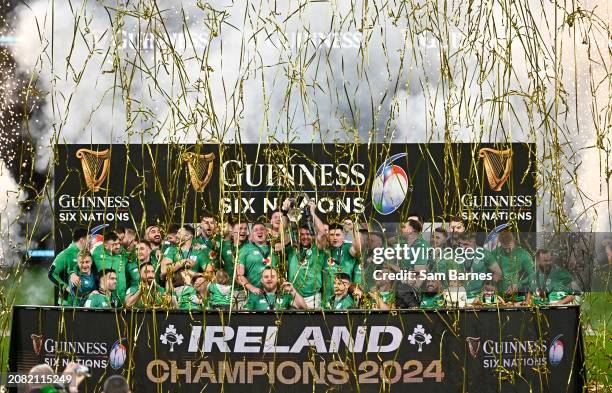 Dublin , Ireland - 16 March 2024; Ireland captain Peter O'Mahony lifts the Six Nations trophy after the Guinness Six Nations Rugby Championship match...