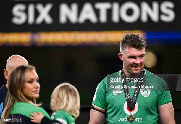 Dublin , Ireland - 16 March 2024; Ireland captain Peter O'Mahony with his wife Jessica Moloney and son Ralph after the Guinness Six Nations Rugby...