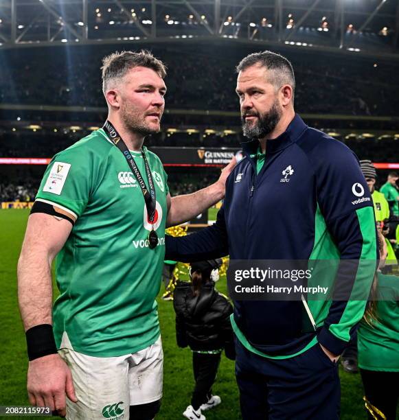 Dublin , Ireland - 16 March 2024; Ireland captain Peter O'Mahony and Ireland head coach Andy Farrell after the Guinness Six Nations Rugby...