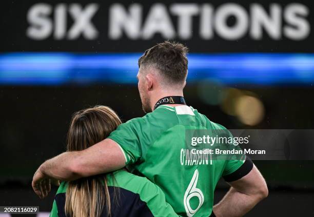 Dublin , Ireland - 16 March 2024; Ireland captain Peter O'Mahony and his wife Jessica Moloney after the Guinness Six Nations Rugby Championship match...