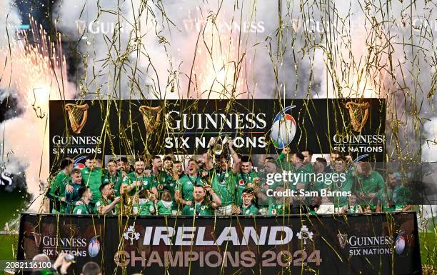 Dublin , Ireland - 16 March 2024; Ireland captain Peter O'Mahony lifts the Six Nations trophy after the Guinness Six Nations Rugby Championship match...