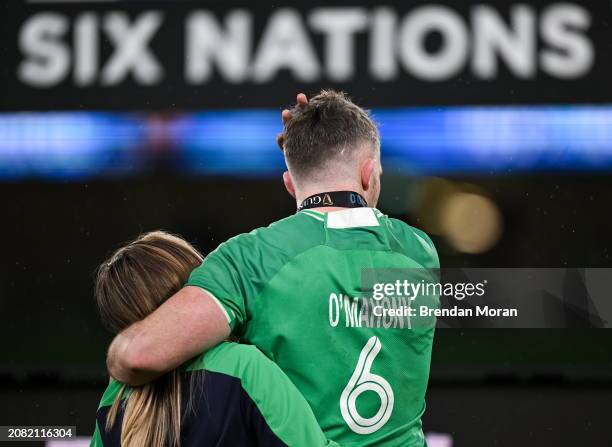 Dublin , Ireland - 16 March 2024; Ireland captain Peter O'Mahony and his wife Jessica Moloney after the Guinness Six Nations Rugby Championship match...