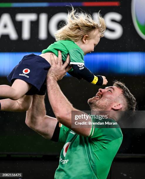 Dublin , Ireland - 16 March 2024; Ireland captain Peter O'Mahony with his son Ralph after the Guinness Six Nations Rugby Championship match between...