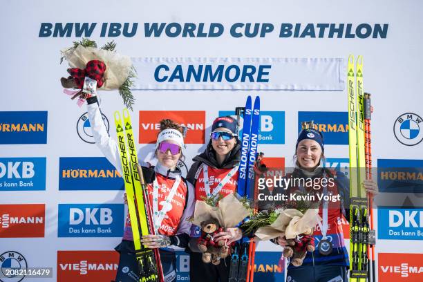 Second placed Lou Jeanmonnot of France, first placed Lisa Vittozzi of Italy and third placed Justine Braisaz-Bouchet of France celebrates during the...