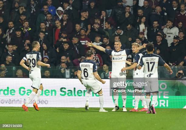 Nikola Krstovic of US Lecce is celebrating a goal during the Serie A TIM match between US Salernitana and US Lecce in Salerno, Italy, on March 16,...