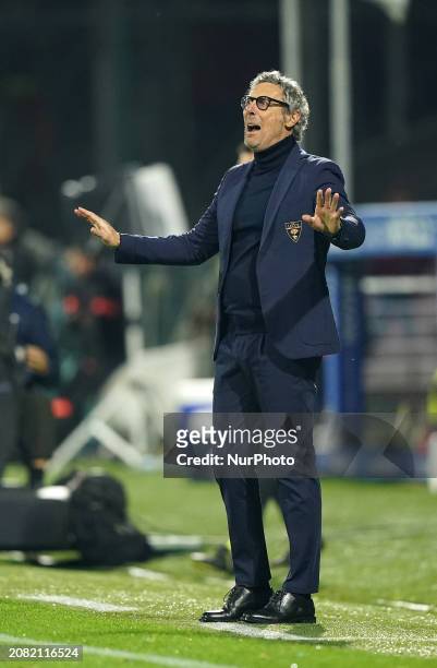 Luca Gotti, the head coach of US Lecce, is watching the Serie A TIM match between US Salernitana and US Lecce in Salerno, Italy, on March 16, 2024.