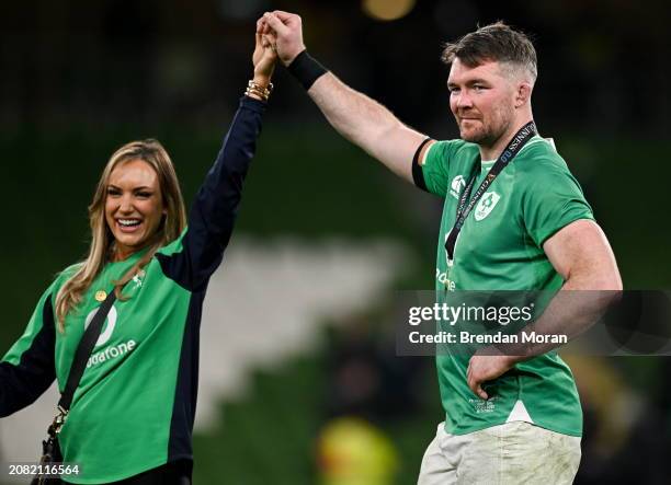 Dublin , Ireland - 16 March 2024; Ireland captain Peter O'Mahony with his wife Jessica Moloney after the Guinness Six Nations Rugby Championship...