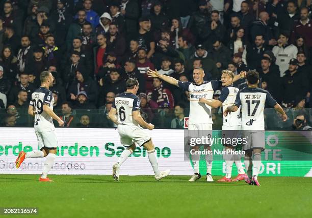 Nikola Krstovic of US Lecce is celebrating a goal during the Serie A TIM match between US Salernitana and US Lecce in Salerno, Italy, on March 16,...