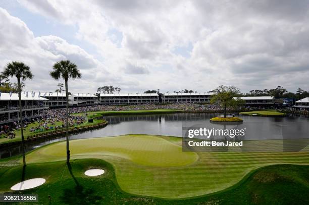 General view of the 16th and 17th greens with the Grand stands and fans during the third round of THE PLAYERS Championship at Stadium Course at TPC...